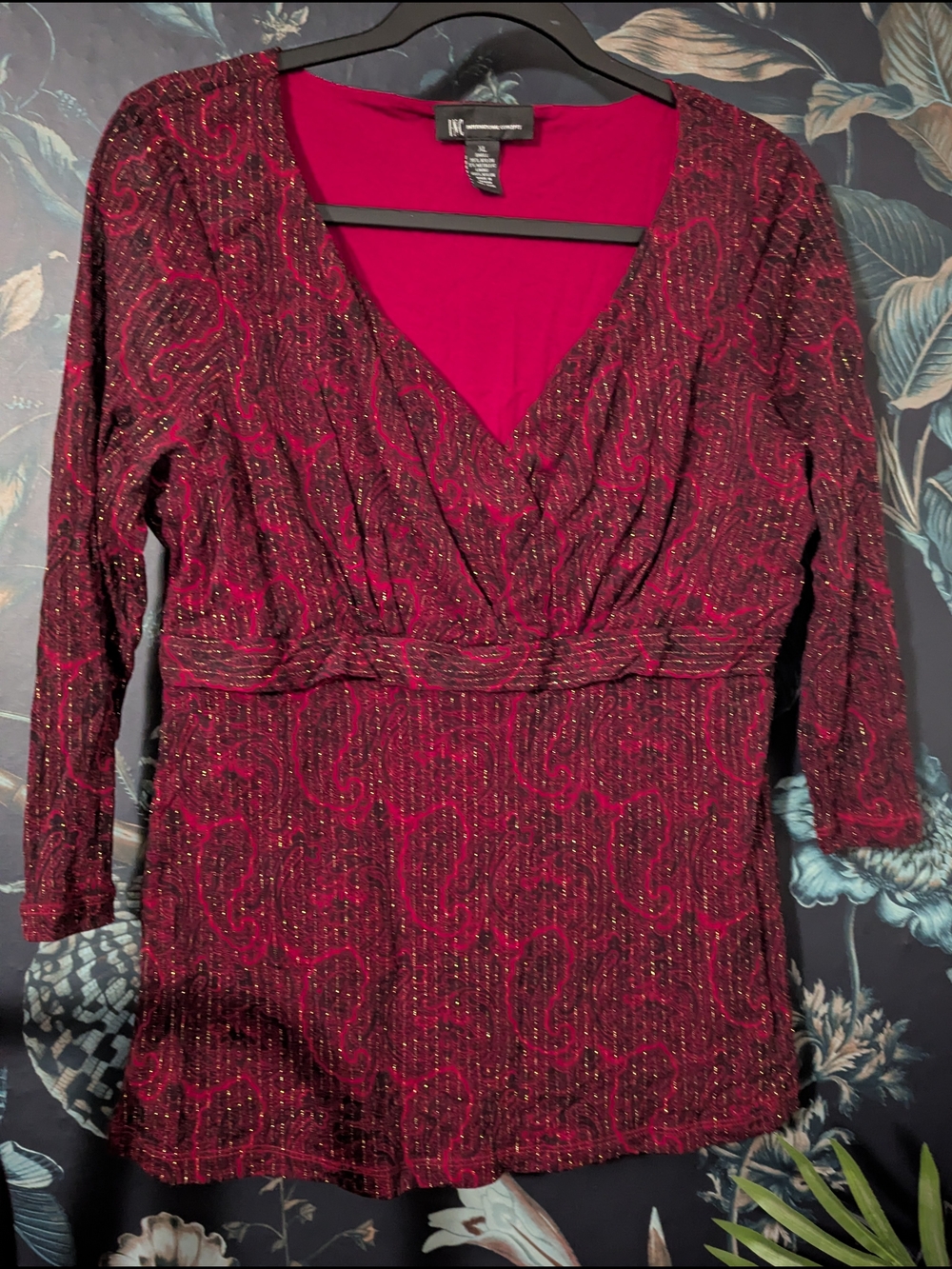 INC Burgundy Gold Metallic Whimsy goth Paisley Faux Wrap Top XL